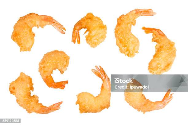 Set Of Batterfried Prawns Isolated On White Stock Photo - Download Image Now - Shrimp - Seafood, Breaded, Deep Fried