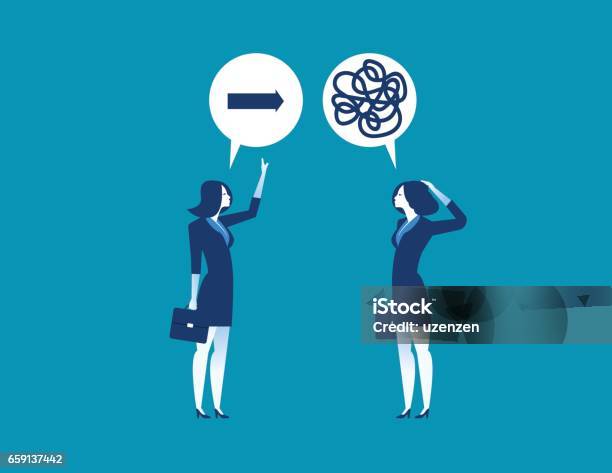 Businesswoman Offering Guidance To Colleague Confused About Direction Concept Business Success Illustration Vector Cartoon Character Flat Stock Illustration - Download Image Now