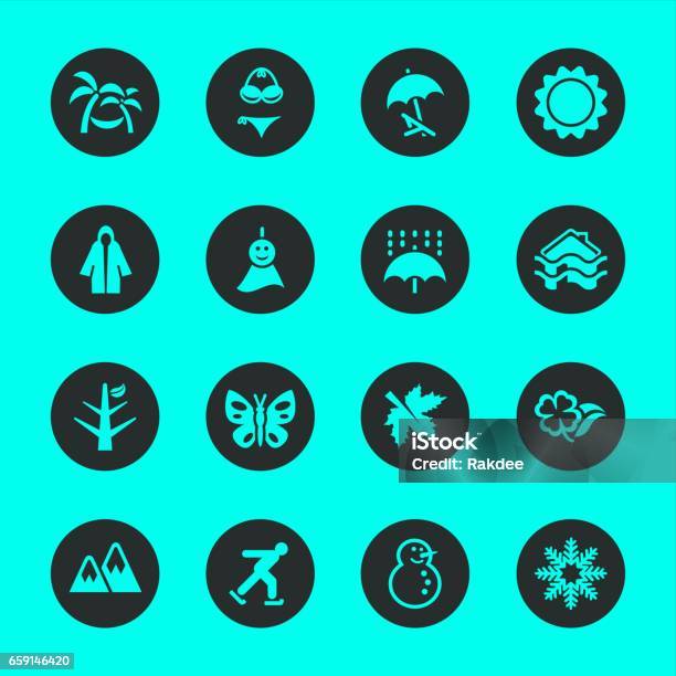 All Season Icons Set 1 Black Circle Series Stock Illustration - Download Image Now - Accidents and Disasters, Animal, Autumn