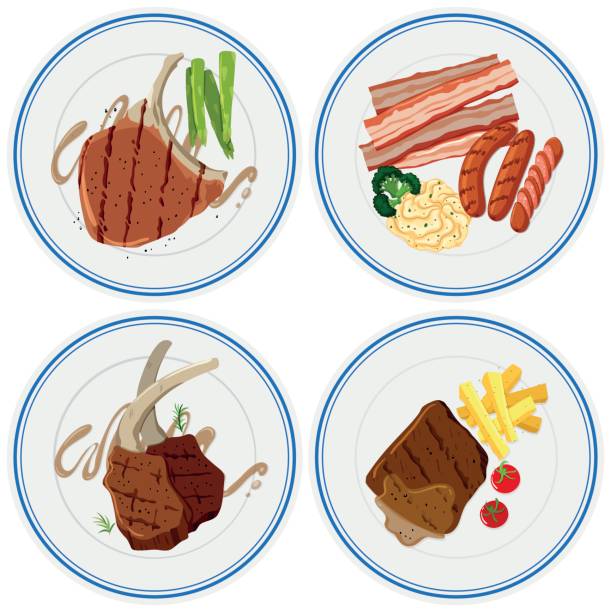 ilustrações de stock, clip art, desenhos animados e ícones de different grilled meat on plates - steak pork chop bacon
