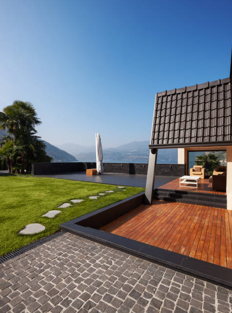 istock Modern villa, exterior with lawn, nobody 659158176