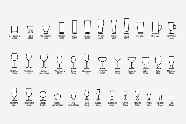 ilustrações de stock, clip art, desenhos animados e ícones de types of glasses with names, line icons set. vector illustration - cocktail alcohol wine beer