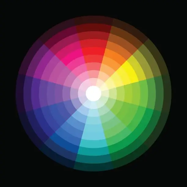 Vector illustration of RGB color wheel from dark to light on black background