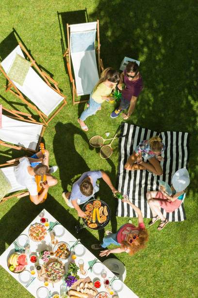 grupo de amigos con picnic - deck chair summer grass outdoor chair fotografías e imágenes de stock