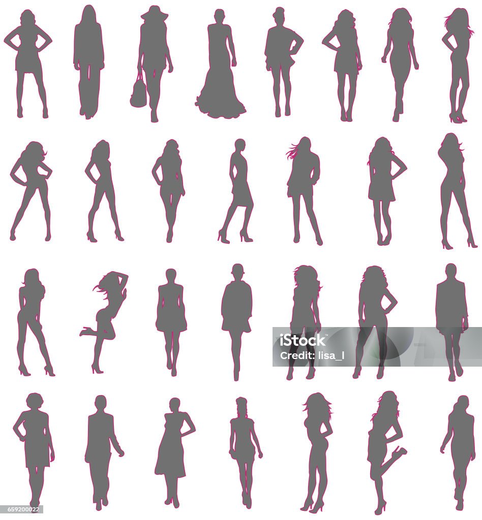 gray silhouette of fashionable women gray silhouette of fashionable women on white background Adult Stock Photo