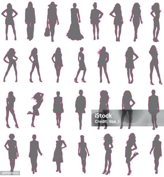 Gray Silhouette Of Fashionable Women Stock Photo - Download Image Now - Adult, Adults Only, Arts Culture and Entertainment