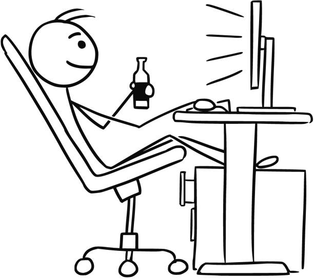 컴퓨터 앞에 앉아 병에서 맥주를 마시는 남자의 만화 - macintosh apples 이미지 stock illustrations
