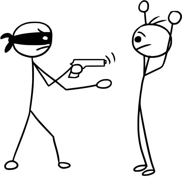 Vector illustration of Vector Stickman Cartoon of Two Man During Armed Robbery, Attack, Mugg with Pistol