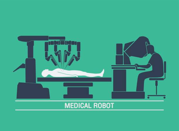 illustrazioni stock, clip art, cartoni animati e icone di tendenza di vettore icona robot medico - chirurgia robotica