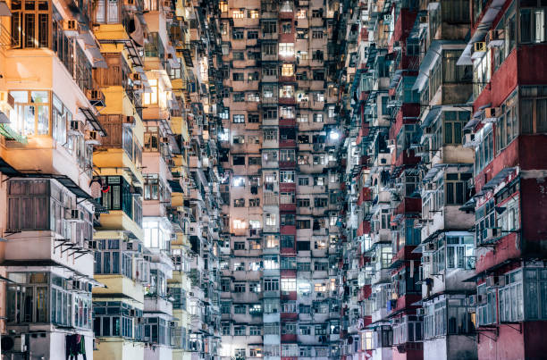 high density living - hong kong night china asia imagens e fotografias de stock