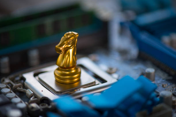 istock Gold chess piece on computer mainboard. Concept of IT strategy, making decision, technology background. 659272204