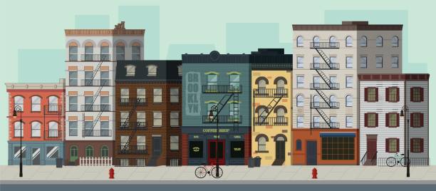 ilustraciones, imágenes clip art, dibujos animados e iconos de stock de calle paisaje con edificios, tiendas y bares. ilustración de vector plano. - new york city