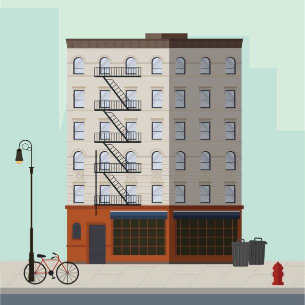 appartement-hochhaus mit bar im erdgeschoss. flache vektor-illustration. - fire escape stock-grafiken, -clipart, -cartoons und -symbole