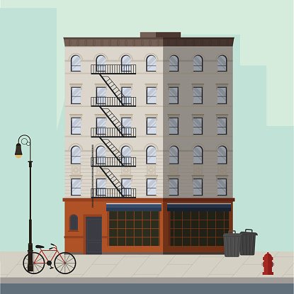 High apartment building with bar in the ground floor. Flat vector illustration.