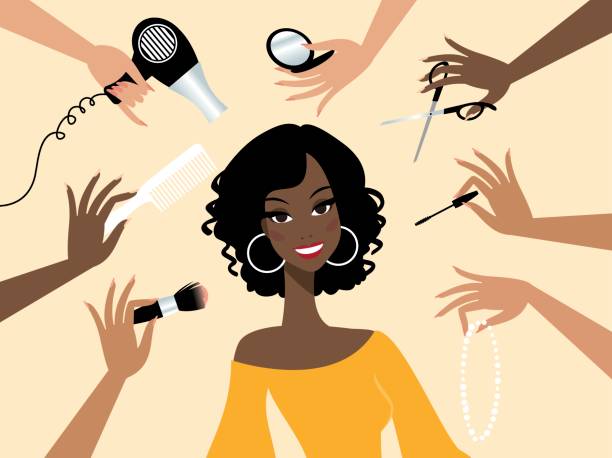 Happy dark skin woman in a beauty salon Preparation of a happy dark skin woman in a beauty salon with busy hands around her. black hair illustrations stock illustrations