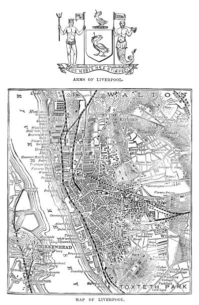 Map and Arms of Liverpool (Victorian engraving) A mid-19th century map of Liverpool in Lancashire, England, with the Arms of Liverpool above. From “Our Own Country: Descriptive, Historical, Pictorial” published by Cassell & Co Ltd, 1885. river mersey northwest england stock illustrations