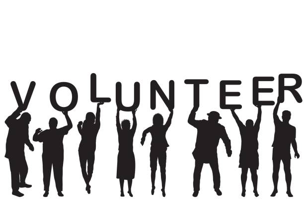 Volunteer concept with people silhouettes Volunteer concept with people silhouettes holding letters with word VOLUNTEER alphabet silhouettes stock illustrations