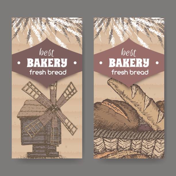 zwei farben bäckerei etikettenvorlagen mit hölzernen windmühle, weizen und brot auf karton hintergrund - altes backhaus dorf stock-grafiken, -clipart, -cartoons und -symbole