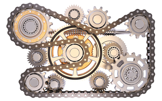 Gears with chain isolated on white background 3D rendering