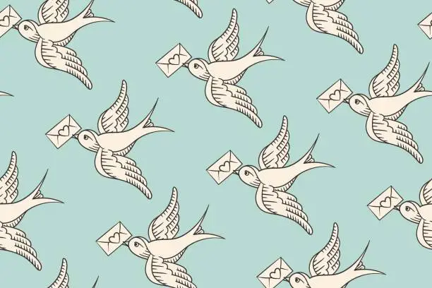 Vector illustration of Seamless pattern with old school vintage bird and postal envelope