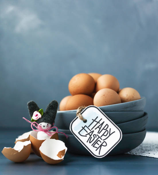 istock Easter still life arrangement with natural eggs and handmade bunny 659405116