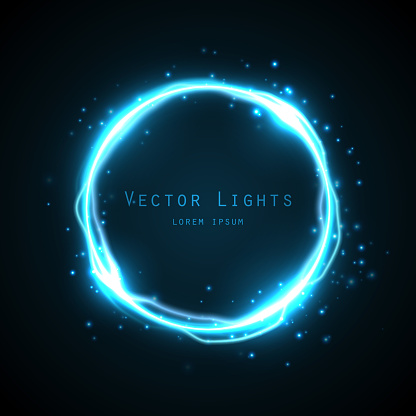 Glow round frame with many shine particles and electricity effect.Vector background. Blue neon light