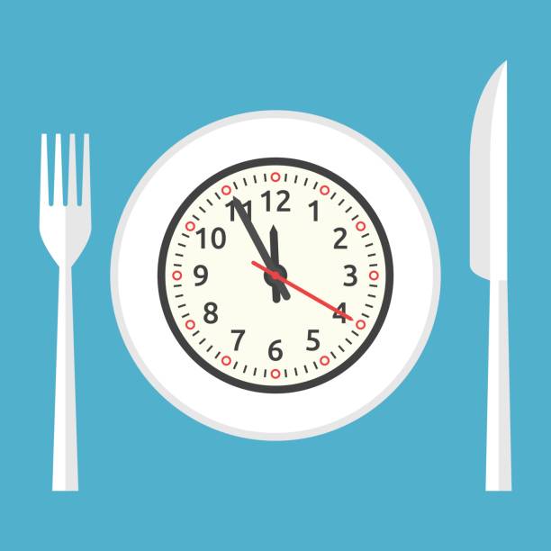 ilustrações, clipart, desenhos animados e ícones de placa com relógio - lunch clock healthy eating plate