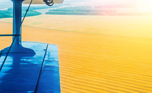 une vue de l’aile d’un avion à turbopropulseur et un champ de maïs et de blé dans la campagne - strafing photos et images de collection