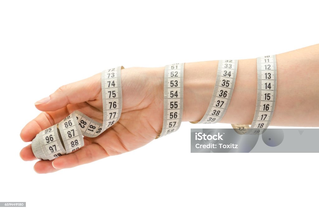 female hand holding centimeter to measure. female hand holding centimeter to measure. Isolated on white background Wrist Stock Photo