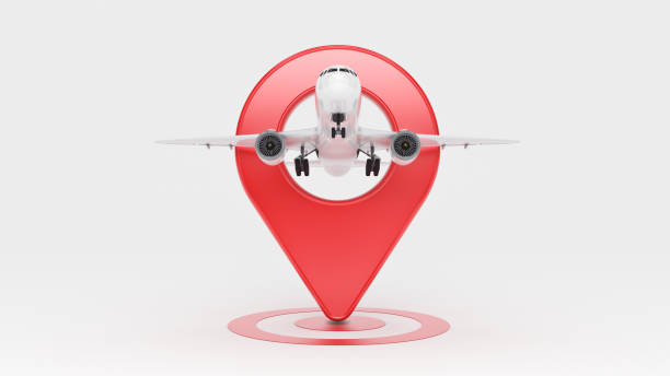 istock Airline travel concept. Airport pointer. Airplane and pin isolated on white. 659454374