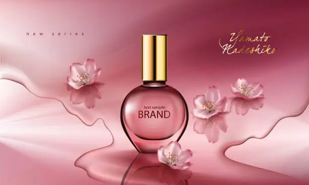 Vector illustration of Vector illustration of a realistic style perfume in a glass bottle on a pink background with sakura flowers