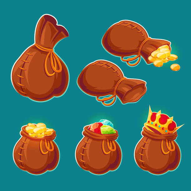 Collection of vector cartoon bags with gold coins and jewels Collection of vector cartoon illustrations of bags with gold coins and jewels bag of coins stock illustrations
