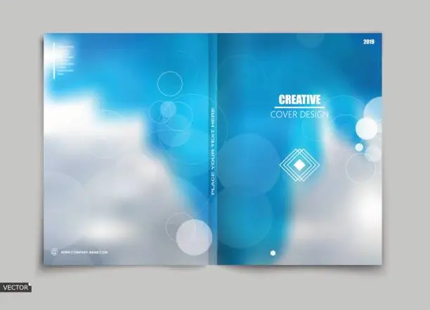 Vector illustration of White, blue design for brochure cover, info banner frame, title sheet model, flyer, ad text font. Sky cloud theme. Modern vector front page art with geometric firm logo. Creative air brand figure icon