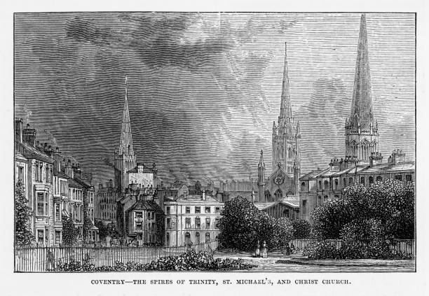 coventry, litchfield, warwickshire, anglia wiktoriański grawerowanie, 1840 - st michaels church stock illustrations