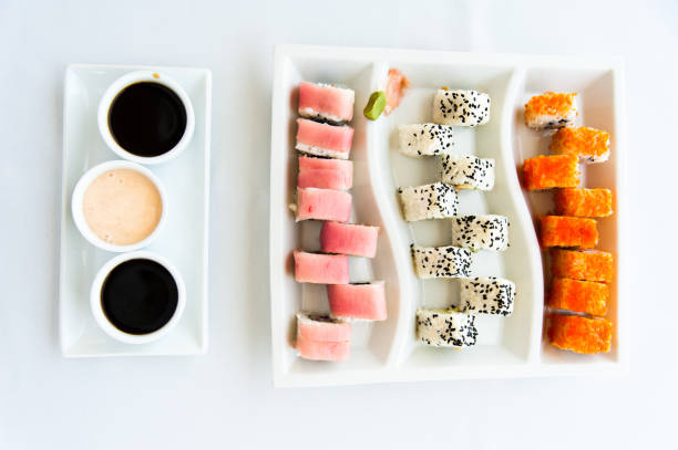 istock Sushi Assortment on white plate and white background 659492972