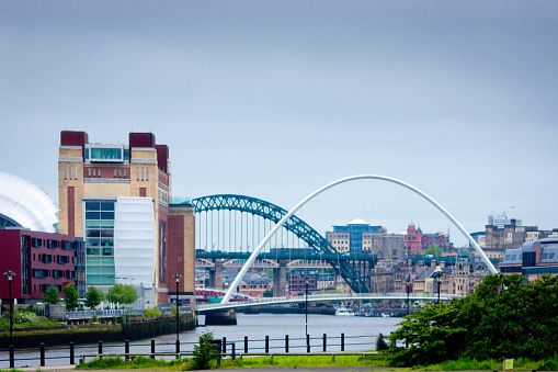 View up the Tyne with Gateshead on the left and the Millennium and Tyne bridges in the centre.