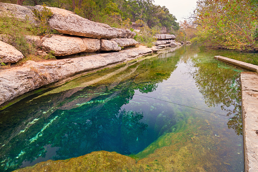 Stock photo of Jacob's Well, a karstic spring in the Texas Hill Country flowing from the bed of Cypress Creek, located northwest of Wimberley, Texas, near Austin, Texas, USA.