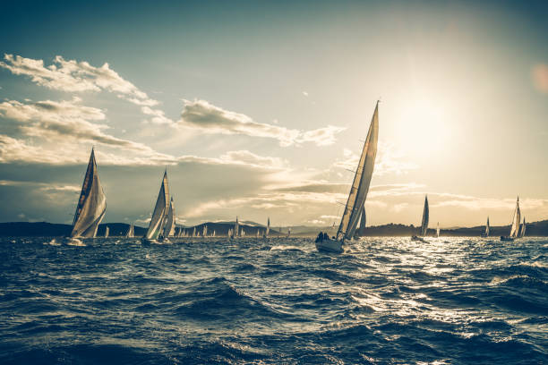 Sailing regatta on sunny autumn morning Sailing crews on sailboats during regatta. Event Regatta Jabuka Property released. Taken by Sony a7R II, 42 Mpix. sailboat sports race yachting yacht stock pictures, royalty-free photos & images