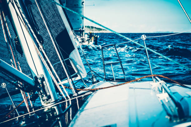 Sailboat on regatta on sunny autumn morning. Event Regatta Jabuka Property released. Taken by Sony a7R II, 42 Mpix.