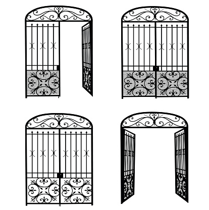 Silhouette illustration of a metal gate, open and closed.  In one instance, only half of the door is open on the right side.