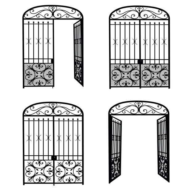 Entrance Metal Gate Silhouette illustration of a metal gate, open and closed.  In one instance, only half of the door is open on the right side. gate stock illustrations