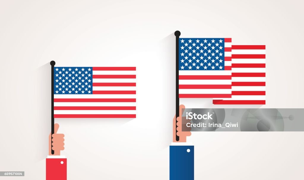 Hands Holding Up American Flags. Hands Holding Up American Flags. Vector illustration flat design. Isolated on grey background. Hand stock vector