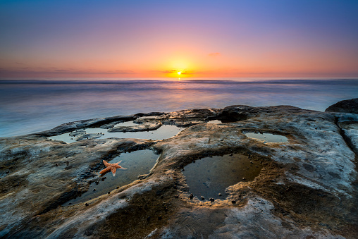 Beautiful sunset at La Jolla California with a starfish in a tide pool.
