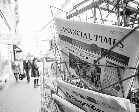 Paris: Cover of International press Financial Times newspaper at French press kiosk newsstand featuring headlines following the terrorist incident in London at the Westminster Bridge
