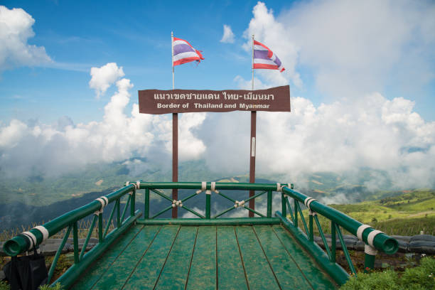 The border of Thailand and Myanmar view point from Doi Tung mountain in Chiang Rai province of Thailand. The view point of the border of Thailand and Myanmar on Doi Tung mountain in Chiang Rai province of Thailand. chiang rai province stock pictures, royalty-free photos & images