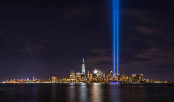 Tribute in Light from Liberty State Park, New Jersey Tribute in light memorial in from New Jersey. one world trade center photos stock pictures, royalty-free photos & images