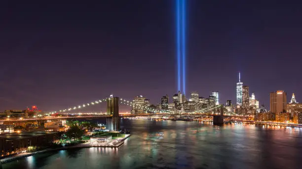 Tribute in light for September 11th attacks from Dumbo, Brooklyn.