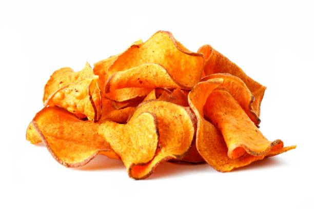 istock Stack of beet potato chips isolated on white 659622404