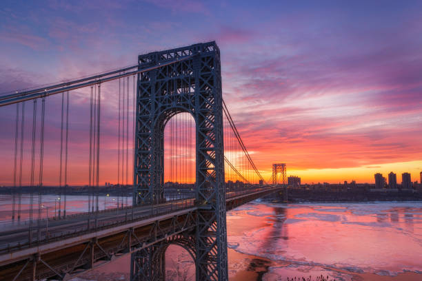 George Washington Bridge Architecture at Sunrise Colorful sunrise at George Washington Bridge from the New Jersey side. gwb stock pictures, royalty-free photos & images
