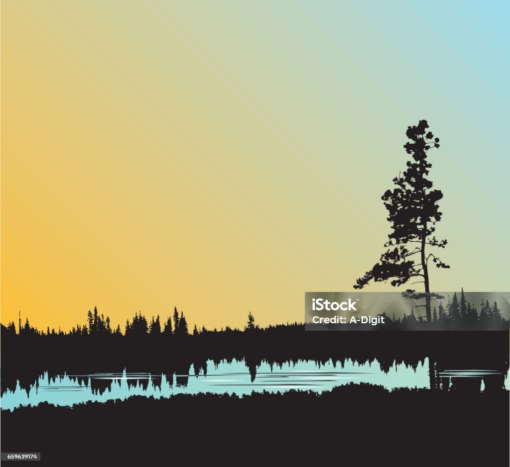 Still Water Forest A vector silhouette illustration of a lonely tree standing above a pond in a field reflecting the grass and an evening sky. Lake stock vector